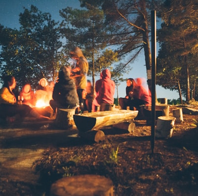 group of people near bonfire near trees during nighttime